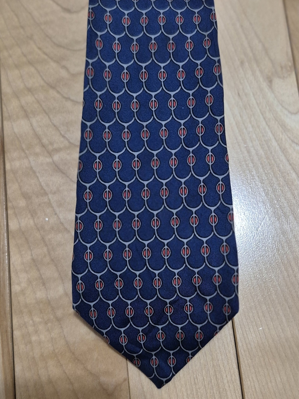 Vtg. Hermes Navy Silk Tie with Red Geometric Motif 867PA